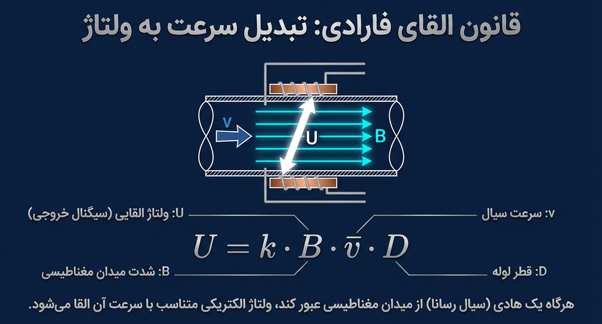 نمودار قانون القای فارادی در فلومتر الکترومغناطیسی که عبور سیال از لوله در میدان مغناطیسی B را نشان می‌دهد؛ با نمایش سرعت سیال v، ولتاژ القایی خروجی U، قطر لوله D و فرمول U = k·B·v·D برای تبدیل سرعت به ولتاژ.