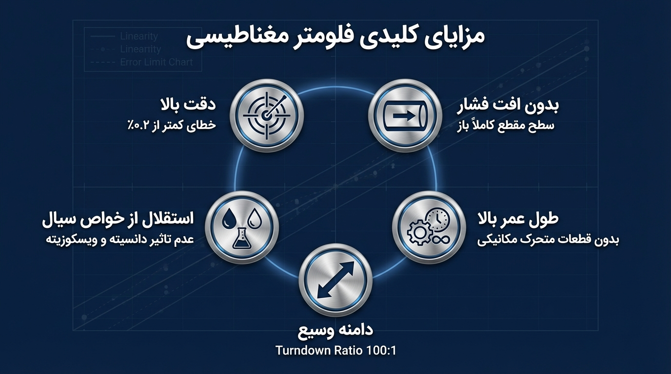 مزایای کلیدی فلومتر مغناطیسی شامل دقت بالا با خطای کمتر از ۰.۲٪، بدون افت فشار به‌دلیل مقطع کاملاً باز، طول عمر بالا بدون قطعات متحرک مکانیکی، دامنه اندازه‌گیری وسیع با نسبت Turndown 100:1 و استقلال از خواص سیال مانند دانسیته و ویسکوزیته.