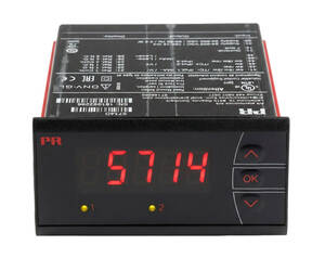 نمایشگر قابل برنامه‌ریزی ۵۷۱۴ PR Electronics با کاراکترهای LED چهار رقمی و قابلیت تنظیم ورودی‌های RTD، TC، ولتاژ و جریان، مناسب محیط‌های صنعتی و مرطوب