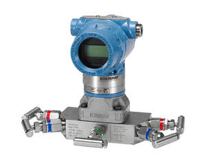 Rosemount pressure transmitter with blue sensor head mounted on a metal block and side fittings on a white background.