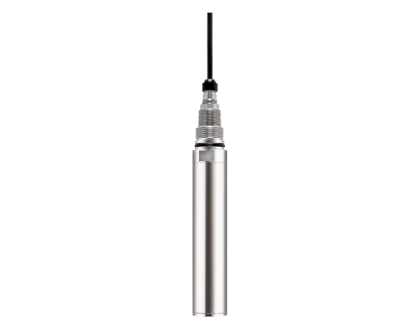CUS51D-front — DERAAK Stainless steel cylindrical sensor probe with a black cable extending upward from the top.