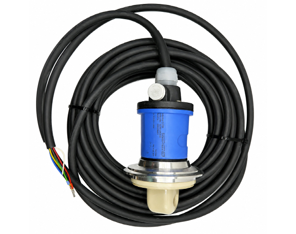 Endress + Hauser Indumax CLS54 — DERAAK Industrial pressure sensor with a long black cable, blue body, and beige probe, coiled for transport.