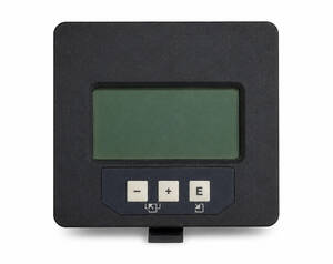 Compact black electronic panel with a green LCD screen and three buttons labeled minus, plus, and E.