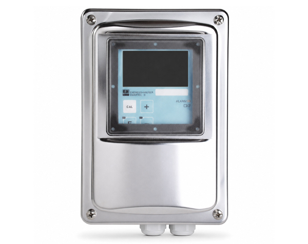 Stainless steel, wall‑mounted control unit with a blue LCD screen and keypad.