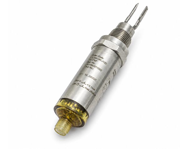 Metal pressure transducer with two-prong sensing tip and threaded body used for industrial measurement.