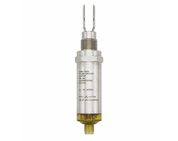 Industrial level sensor probe with a two-pronged fork tip and threaded metal body, yellow bottom connector.