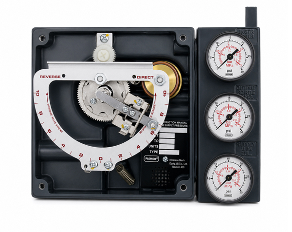 Industrial gas pressure regulator with three gauges on the right and exposed mechanical adjustment assembly on the left.