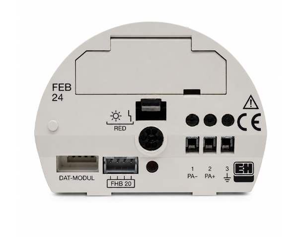 FEB24 — DERAAK Back view of a white electronic module with multiple connectors labeled DAT-MODUL, FHB 20, PA-, PA+, and a red LED indicator.