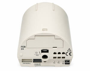Back view of a white electronic module with multiple ports and slots (DAT/MODUL connector, PA connectors, USB-like port) and a FEB 24 date stamp visible.