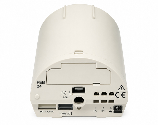 FEB24 endress hauser — DERAAK Back view of a white electronic module with multiple ports and slots (DAT/MODUL connector, PA connectors, USB-like port) and a FEB 24 date stamp visible.