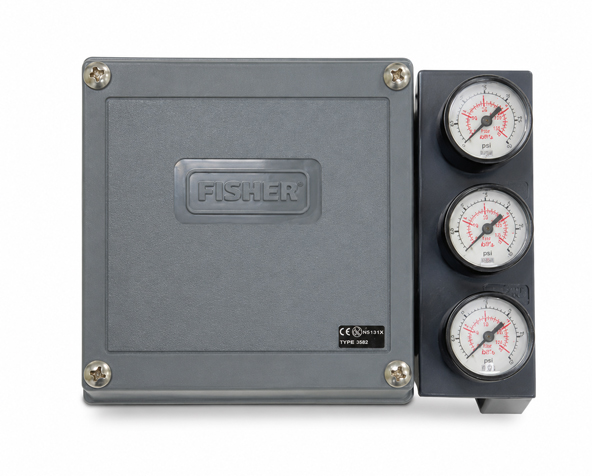 Fisher air pressure regulator with three circular gauges on a dark mounting panel beside a gray metal housing