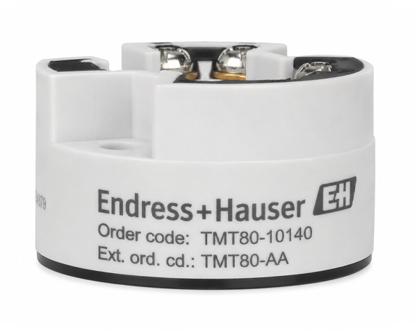 TMT80-ENDRESS-HAUSER — DERAAK White circular Endress+Hauser sensor head with metal terminal connectors on top.