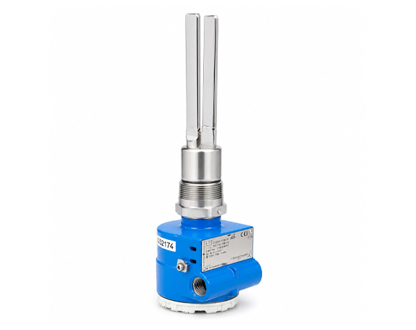 ftm30-endresshauser — DERAAK Blue industrial valve actuator with two metal rods and threaded mounting base.