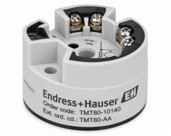 tmt80 — DERAAK White Endress+Hauser circular terminal base with three screw terminals and wiring labels, used to connect a measurement device (model text visible).