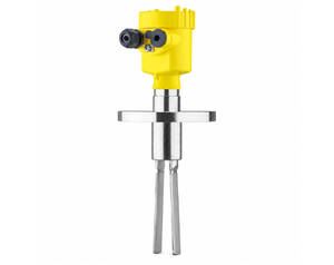 Industrial temperature probe with two metal prongs and a yellow transmitter on top.