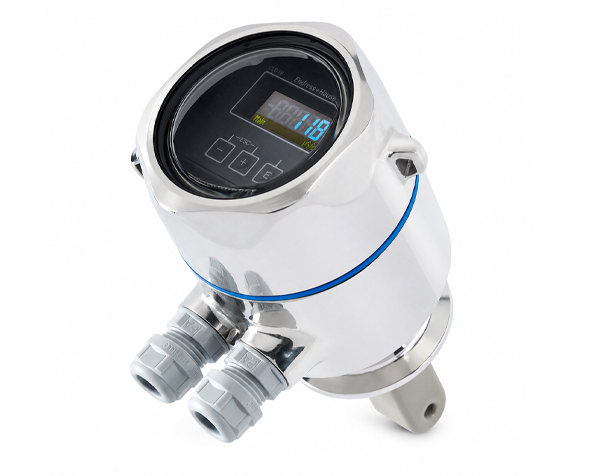 Chrome digital pressure transmitter with two cable gland ports and a mounting foot, front display showing readings.