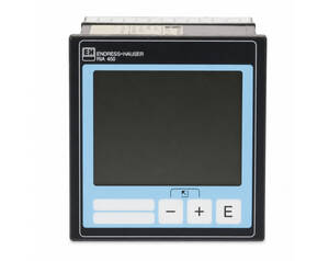 Endress+Hauser RIA 450 display panel with blue frame and control buttons (screen off).