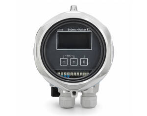 Endress+Hauser CLD18 circular digital flow transmitter with a black display and terminal block at the bottom.