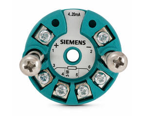 Siemens circular teal terminal block with multiple screw terminals around a central opening, for wiring a 4–20 mA loop.