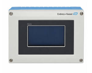 Endress+Hauser RIA16 measurement instrument panel with a blue top and a dark display window.