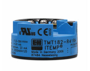 Blue iTEMP TMT182 temperature transmitter module with screw terminals and certification marks (CE, RU).