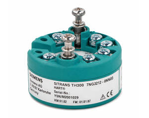 Circular green Siemens SITRANS TH300 terminal block with eight screw terminals and two vertical posts for sensor connections.