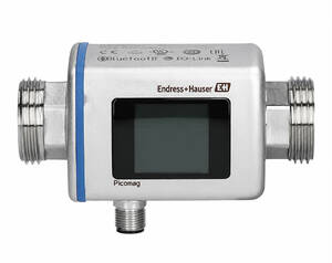 Endress+Hauser Picomag inline flowmeter transmitter with LCD display and dual process connections.