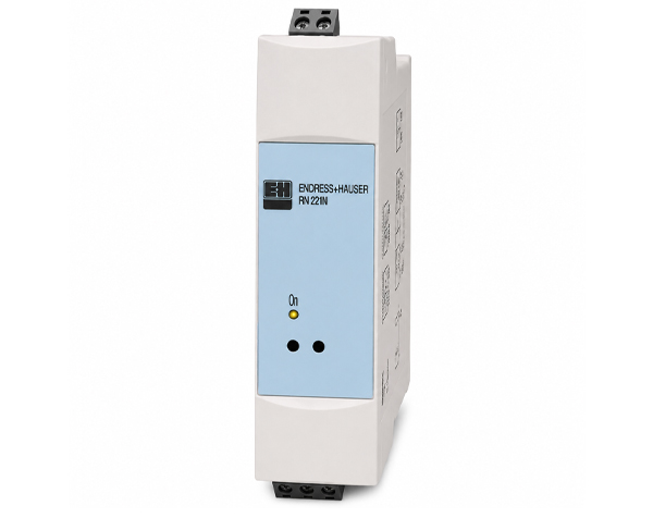 RN221N — DERAAK DIN-rail mounted Endress+Hauser RN221 module with a blue front panel, showing an 'On' indicator LED and two small status holes.
