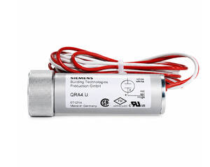 Cylindrical Siemens sensor with red and white wires, labeled QRA4.U, made in Germany, metal housing with side connector