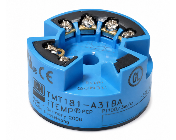 temperature-head-transmitter-tmt181-a31ba-0-bis-500-c-endress-und-hauser-new — DERAAK Blue circular screw-terminal block for wiring connections, with six terminals around the rim and a central mounting hole.