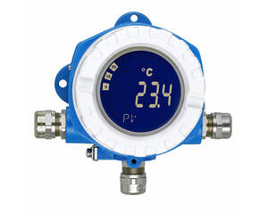Digital temperature transmitter with blue housing and a circular display showing 23.4°C, connected to metal process fittings.