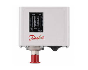 Danfoss pressure regulator with white housing, black adjustment scale, and a red outlet connection