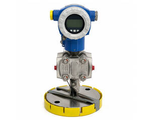 Industrial process instrument: blue digital display unit atop a metallic valve, mounted on a yellow circular base.