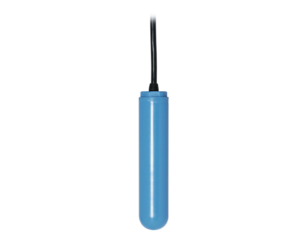 Liquifloat_FTS20_PP — DERAAK Blue cylindrical device with a black cord entering the top, isolated on a white background.