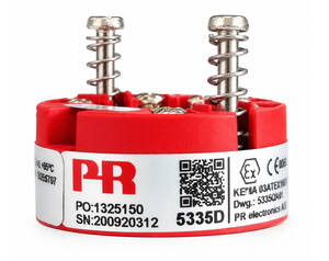 Red circular industrial component with two vertical metal springs and a PR label with a QR code on a white band, close-up.