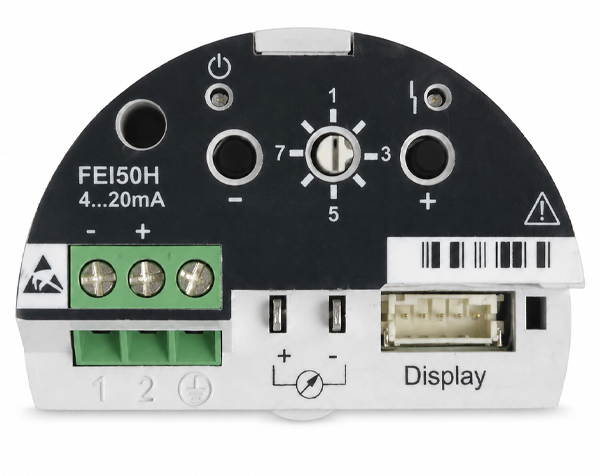 FEI50H — DERAAK Circular black device module with green terminal block and a USB-style display port; shows FEI50H 4...20mA, plus/minus terminals, rotary dial, and warning symbol.