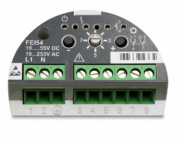 FEI54-ENDRESS-HAUSER — DERAAK Circular industrial terminal module with two green screw-terminal strips for power (L1/N) and control lines, labeled 1–8.