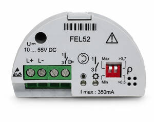 Electrical control module showing L+ and L- screw terminals, a red adjustable switch, warning symbol, and FEL52 label; powered by 10–55 V DC; max 350 mA.