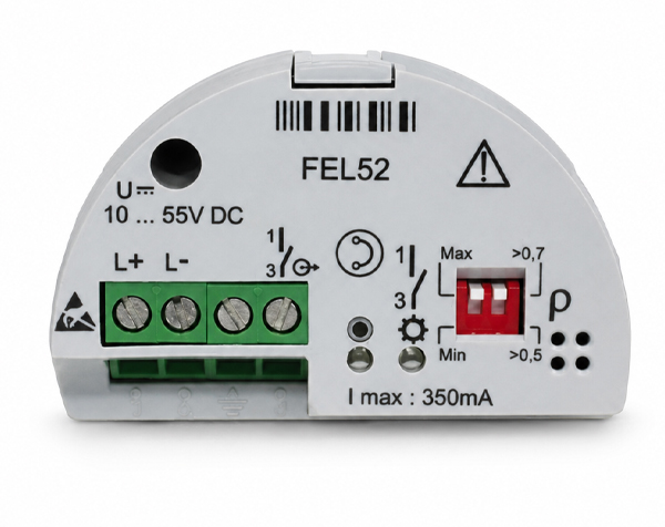 FEL52-endress-hauser — DERAAK Electrical control module showing L+ and L- screw terminals, a red adjustable switch, warning symbol, and FEL52 label; powered by 10–55 V DC; max 350 mA.