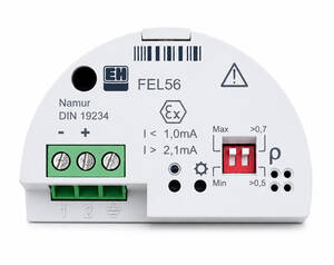 FEL56 Ex-certified electrical sensor module with a green 3-terminal block (terminals 1, 2, ground), a red dual-position switch, and warning icons.