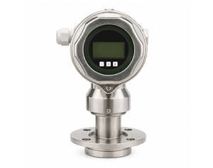 Stainless steel pressure transmitter with a circular display and four small control buttons, mounted on a flanged process connection.