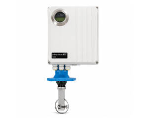 White Endress+Hauser process transmitter mounted on a blue valve actuator with a vertical stem and handwheel at the bottom, used in industrial piping.