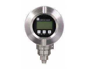 Endress+Hauser stainless steel circular pressure transmitter with LCD and keypad for process measurement.