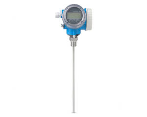 Blue industrial level transmitter with digital display and a long stainless-steel probe for tank level measurement, used in process plants.
