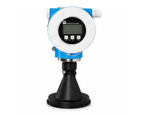 Endress+Hauser process transmitter with circular display on a blue housing mounted on a black pedestal, used for industrial measurement.