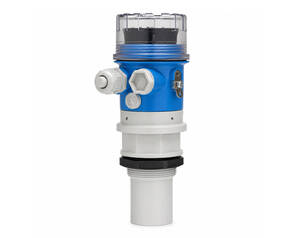 Industrial limit switch/proximity sensor with blue body, clear protective cap, and threaded mounting collar for machinery.