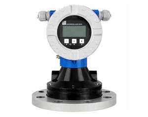 Endress+Hauser process transmitter with circular gray housing and digital display, mounted on a flange for industrial measurement