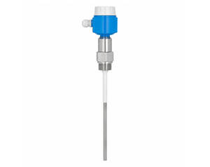 Industrial temperature sensor with blue transmitter housing and stainless steel probe assembly.