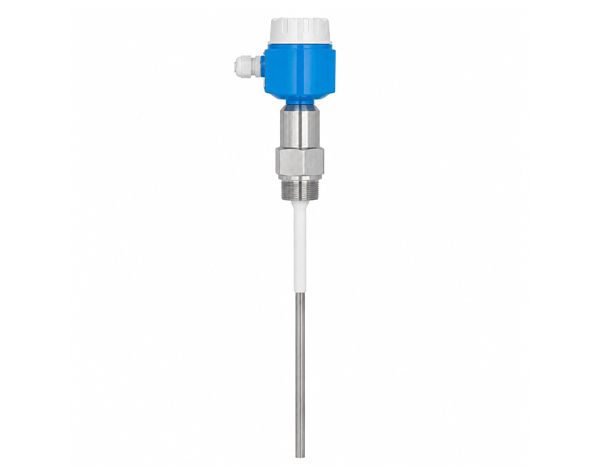 Liquicap_FTI51_aluminium_PP_1 — DERAAK Industrial temperature sensor with blue transmitter housing and stainless steel probe assembly.