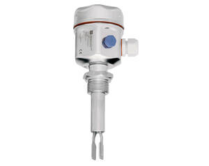 Industrial level switch with a threaded metal body, blue adjustment knob, and a forked probe for liquid level sensing.